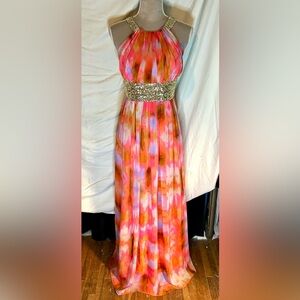 Calvin Klein Coral, Multicolored Abstract Gown w/ Gold Glitter Detail, Size XS